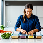 A professional woman, fully clothed in modest, comfortable attire, meticulously arranging freshly prepared, healthy meals into clear glass meal prep containers on a clean, modern kitchen island. The kitchen is well-lit with natural light, showcasing colorful vegetables, lean proteins, and whole grains. Her hands are well-formed, carefully placing food. The scene conveys organization, efficiency, and a focus on wellness. Perfect anatomy, correct proportions, natural pose, proper finger count. Professional photography, high quality, vibrant colors. Safe for work, appropriate content, fully clothed, family-friendly.
