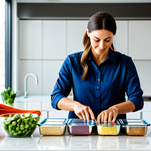 Home 11 A professional woman, fully clothed in modest, comfortable attire, meticulously arranging freshly prepared, healthy meals into clear glass meal prep containers on a clean, modern kitchen island. The kitchen is well-lit with natural light, showcasing colorful vegetables, lean proteins, and whole grains. Her hands are well-formed, carefully placing food. The scene conveys organization, efficiency, and a focus on wellness. Perfect anatomy, correct proportions, natural pose, proper finger count. Professional photography, high quality, vibrant colors. Safe for work, appropriate content, fully clothed, family-friendly.