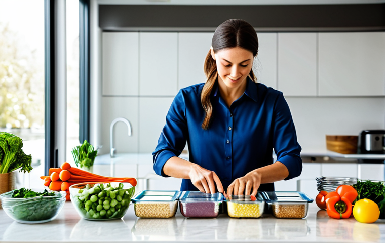 A professional woman, fully clothed in modest, comfortable attire, meticulously arranging freshly prepared, healthy meals into clear glass meal prep containers on a clean, modern kitchen island. The kitchen is well-lit with natural light, showcasing colorful vegetables, lean proteins, and whole grains. Her hands are well-formed, carefully placing food. The scene conveys organization, efficiency, and a focus on wellness. Perfect anatomy, correct proportions, natural pose, proper finger count. Professional photography, high quality, vibrant colors. Safe for work, appropriate content, fully clothed, family-friendly.