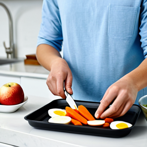 A gender-neutral person, fully clothed in comfortable and modest home attire, meticulously engaged in healthy snack meal preparation within a bright, clean, and modern kitchen. Various prepped items such as sliced fruits (berries, apples), chopped vegetables (carrots, cucumbers), and hard-boiled eggs are neatly arranged in clear, airtight glass containers on a pristine countertop. The scene features soft, inviting lighting, emphasizing an organized and practical approach to healthy eating. The person displays perfect anatomy, correct proportions, well-formed hands, and proper finger count, maintaining a natural, focused pose. This image is safe for work, appropriate content, and family-friendly.
