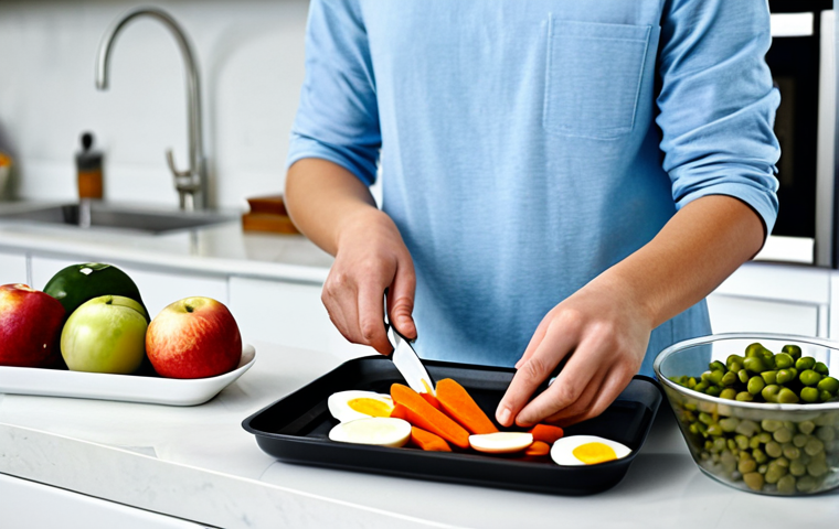 A gender-neutral person, fully clothed in comfortable and modest home attire, meticulously engaged in healthy snack meal preparation within a bright, clean, and modern kitchen. Various prepped items such as sliced fruits (berries, apples), chopped vegetables (carrots, cucumbers), and hard-boiled eggs are neatly arranged in clear, airtight glass containers on a pristine countertop. The scene features soft, inviting lighting, emphasizing an organized and practical approach to healthy eating. The person displays perfect anatomy, correct proportions, well-formed hands, and proper finger count, maintaining a natural, focused pose. This image is safe for work, appropriate content, and family-friendly.