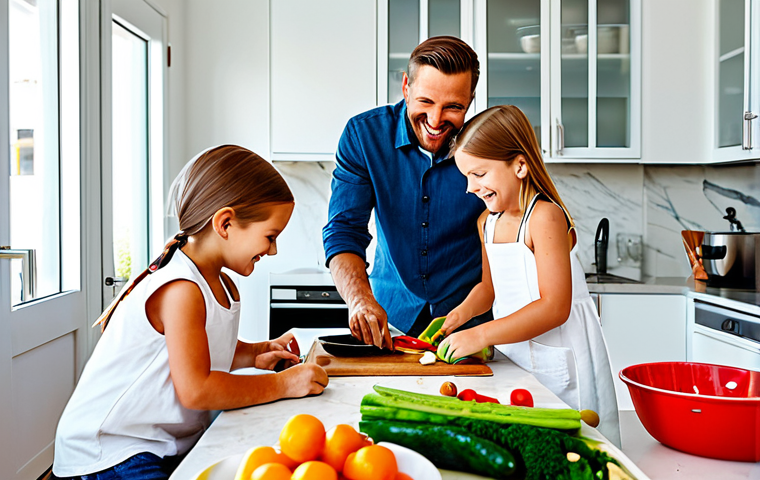 Family Meal Prep Session**
"A family of four joyfully preparing meals together in a bright, modern kitchen. The mother is chopping vegetables, the father is grilling chicken, and the two children are washing fruit. Everyone is smiling and wearing appropriate attire. The counter is filled with colorful ingredients and storage containers. Family-friendly scene, safe for work, fully clothed, professional photography, perfect anatomy, natural proportions, appropriate content, modest clothing."
**