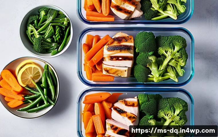 밀프렙으로 만드는 저녁 메뉴 추천 - A vibrant and appetizing meal prep spread featuring grilled skinless chicken breast seasoned with Ma...