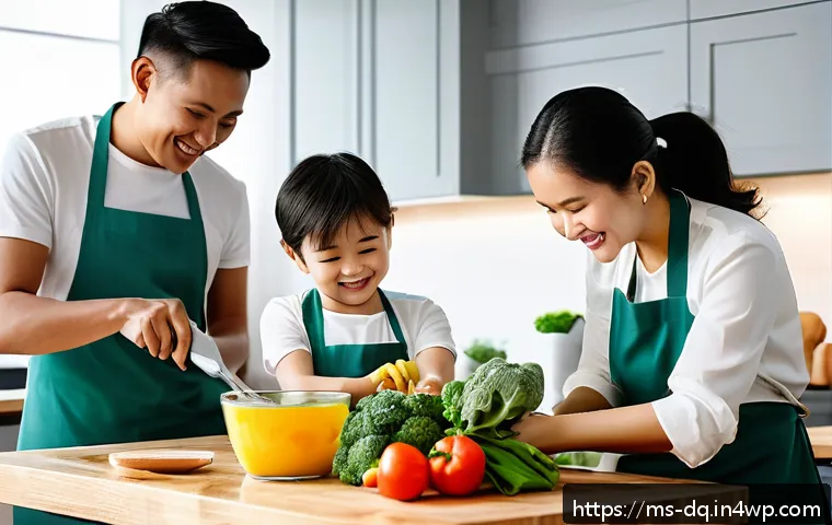 밀프렙으로 가족과 함께하는 저녁 준비하기 - A vibrant Malaysian family kitchen scene showing a diverse family preparing meal prep together: a mo...