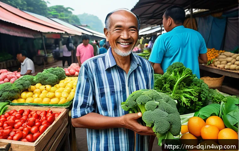 밀프렙으로 만드는 무지방 요리 - A vibrant Malaysian morning market scene featuring a local farmer’s stall with freshly harvested veg...